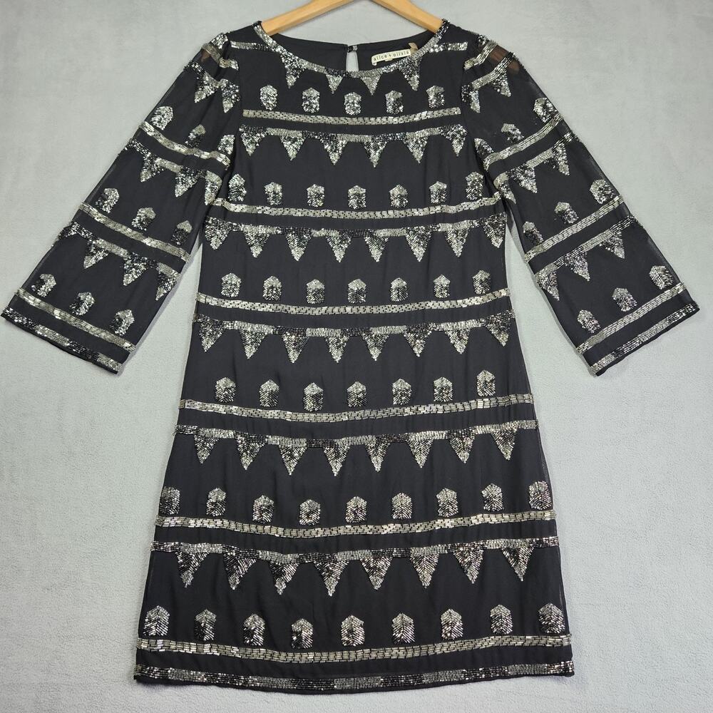 Alice + Olivia Shift Dress Womens 4 Black Mini Silver Beaded Geometric Cocktail